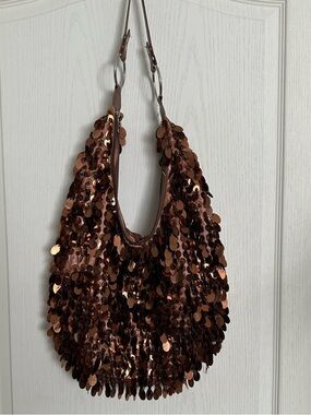 Sequin & beaded fringe Hobo Shoulder Bag in Copper Brown